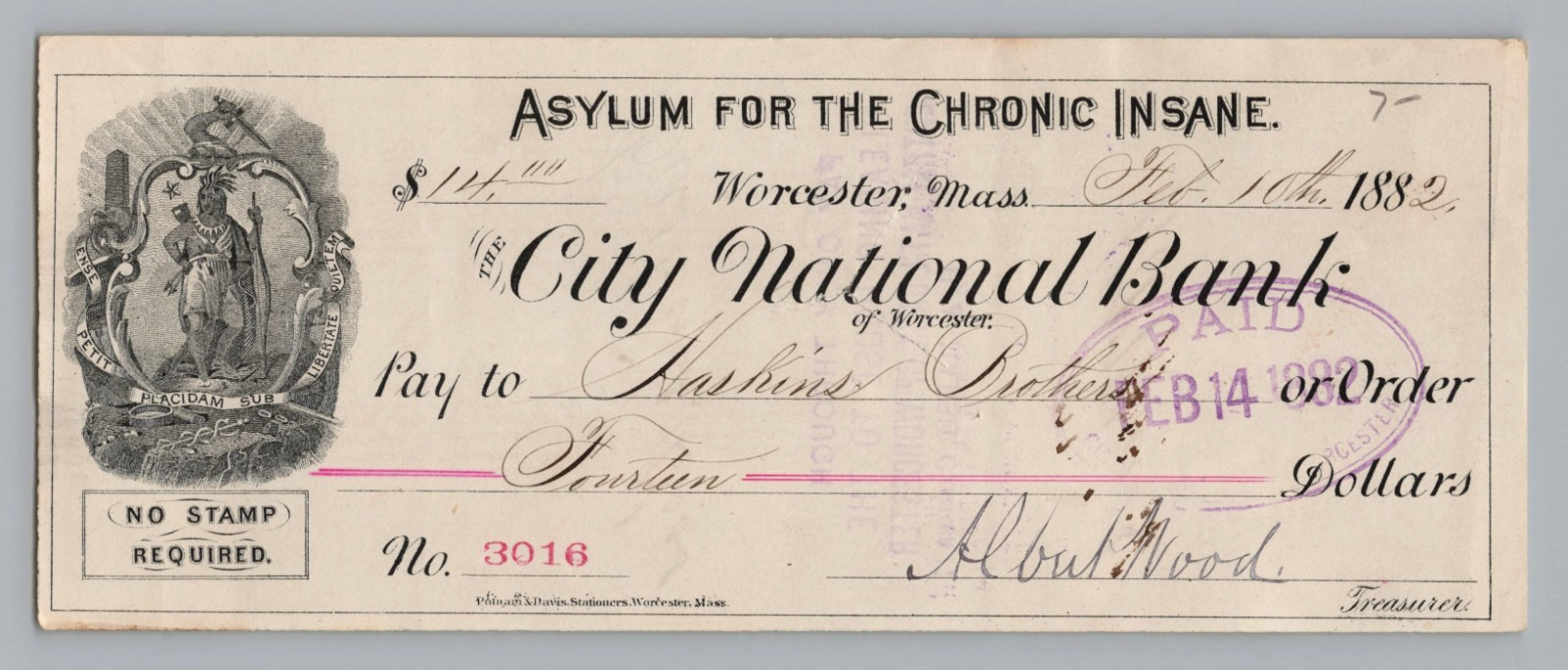 1882 Bank Check ASYLUM FOR THE CHRONIC INSANE  Worcester MA - Nice