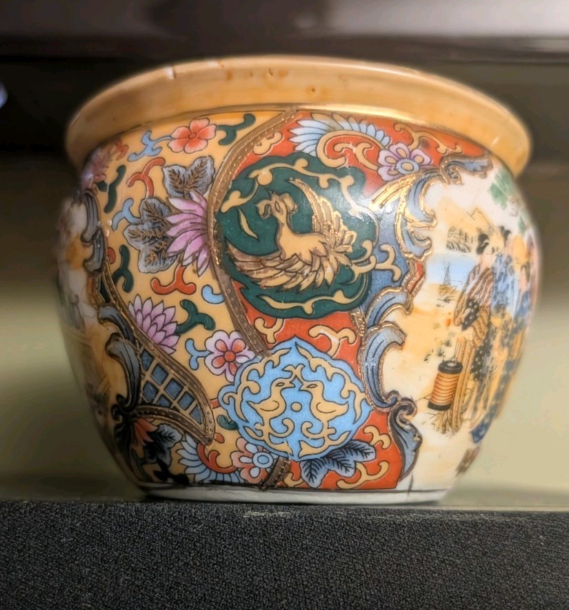 Vintage Chinese Porcelain Planter Pot Geisha Figural Gold Gilding