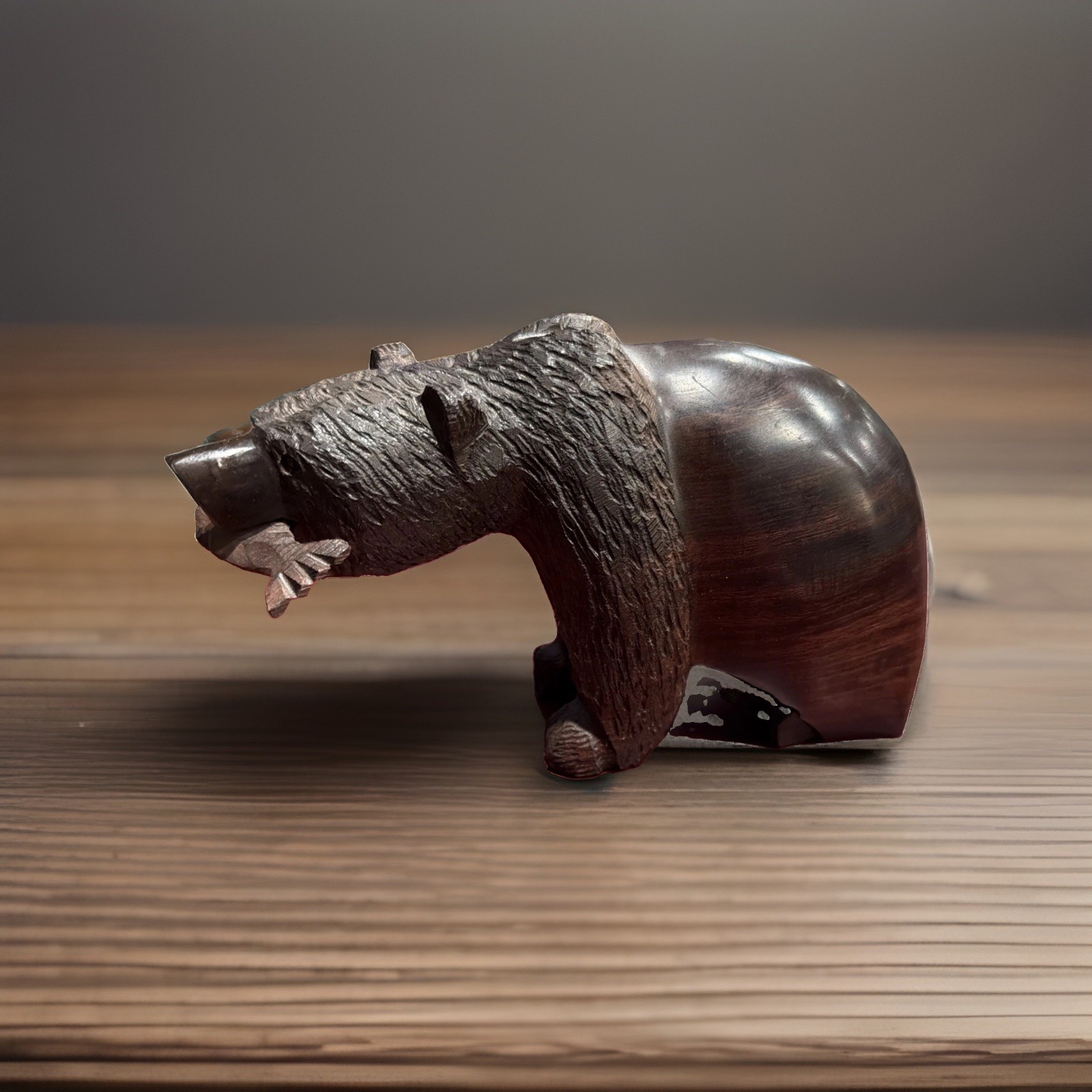 Ironwood Bear W/Fish Figurine Hand Carved Cabin Native American 8 1/2”L