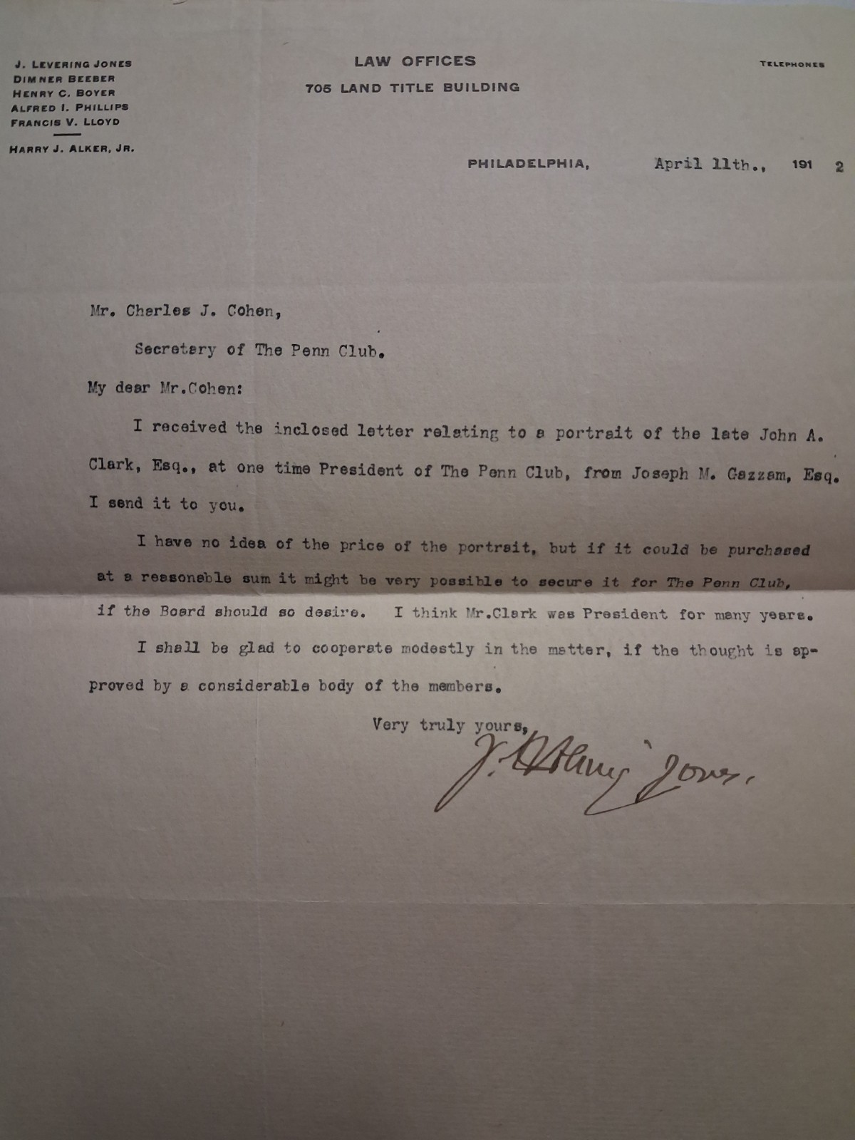 1912 PHILADELPHIA PA Charles COHEN Letter Attorney Land Title Building
