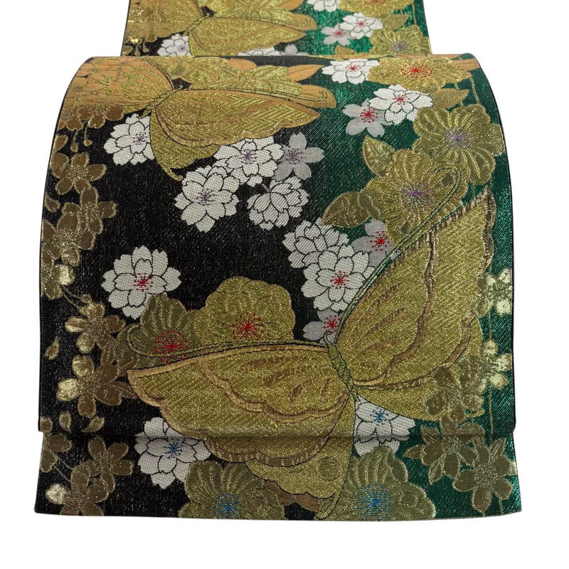 JAPANESE KIMONO BELT FUKURO OBI PURE SILK GREEN ROKUTSU-GARA B7715