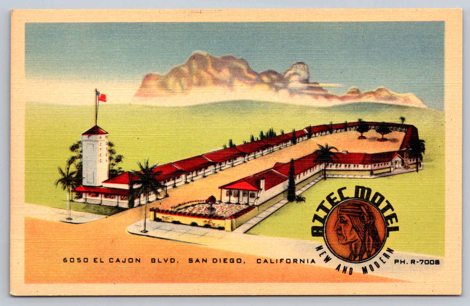 c1940s Aztec Motel San Diego California El Cajon Blvd Vintage Postcard
