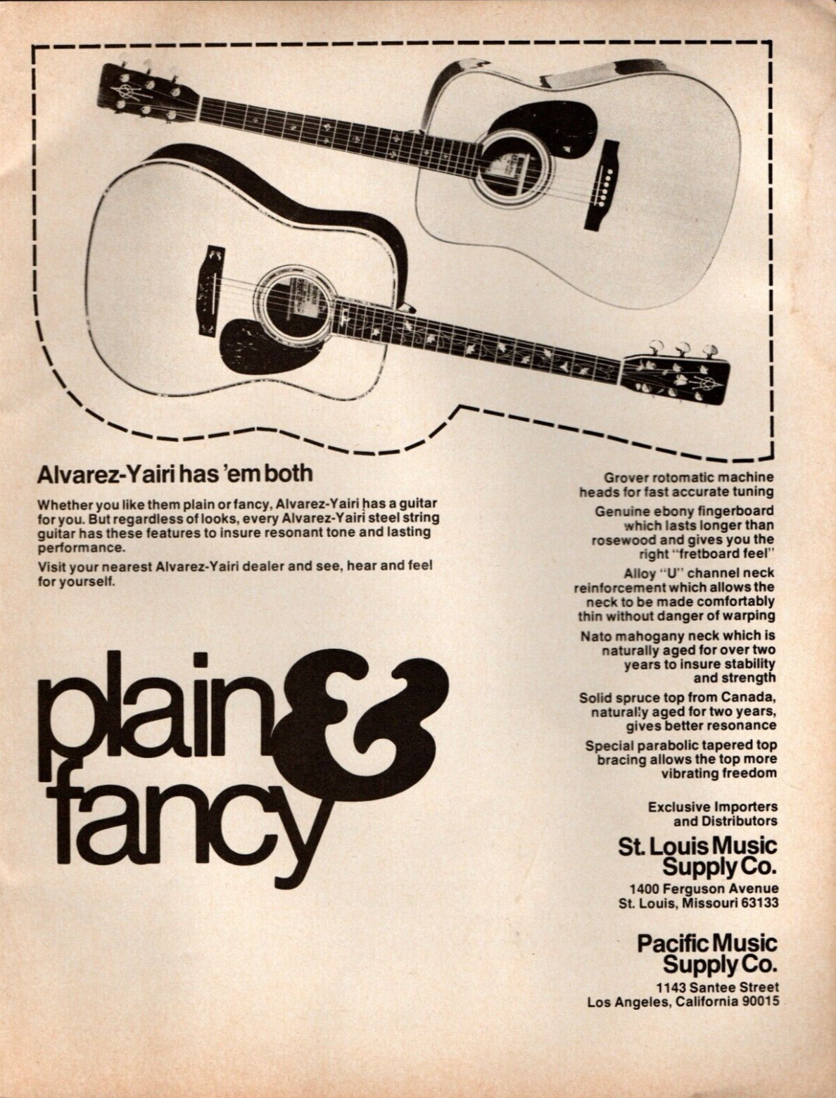vtg 1970s ALVAREZ YAIRI PLAIN & FANCY MAGAZINE PRINT AD Acoustic Guitar 1975
