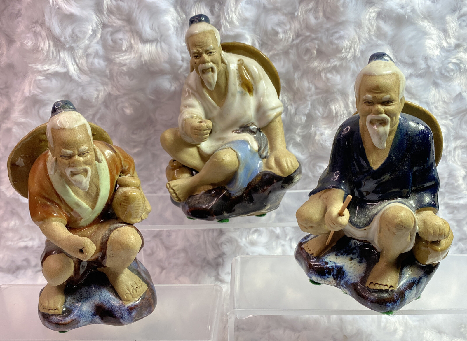 3 Vintage Oriental Chinese Mud Man Old Man Fishermen Glazed Pottery Figurines