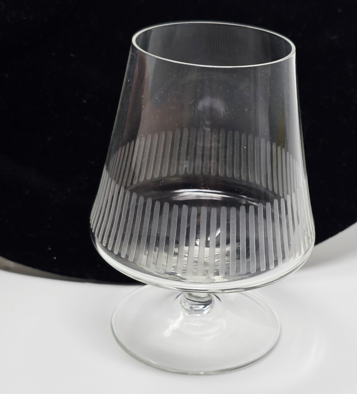 Pair Crystal Brandy Cognac Bar Glasses Etched 1960\'s Mid-Century Modern Snifter