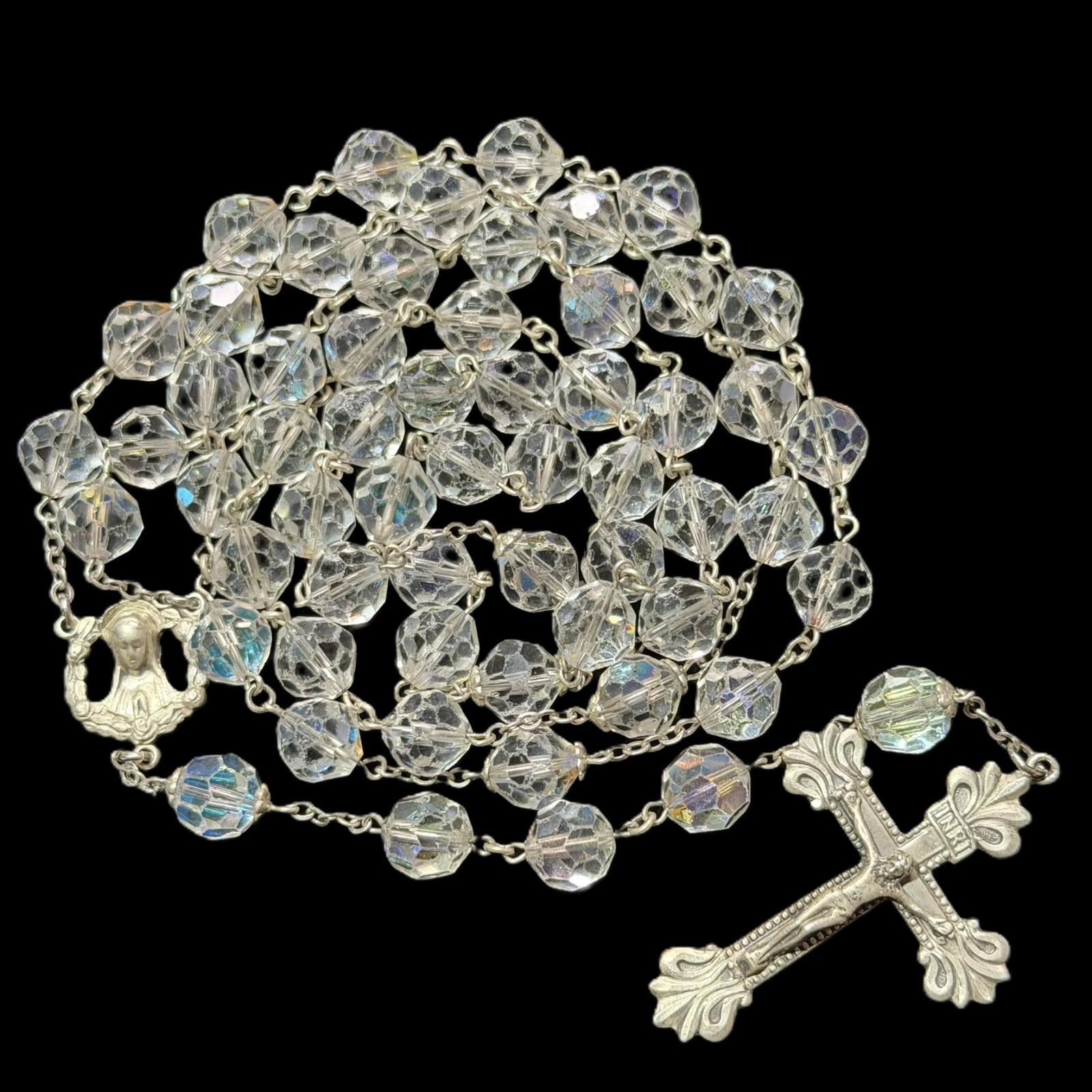 Vintage Large Lead Crystal Bead & Sterling Silver Catholic Rosary 27.5\ Vintage Large Lead Crystal Bead & Sterling Silver Catholic Rosary 27.5\