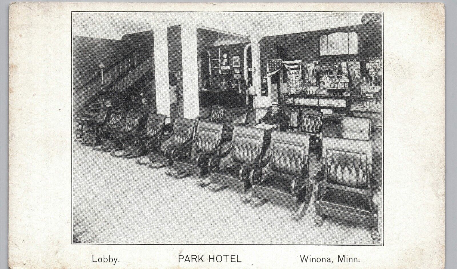 PARK HOTEL LOBBY winona mn original antique postcard historic minnesota interior