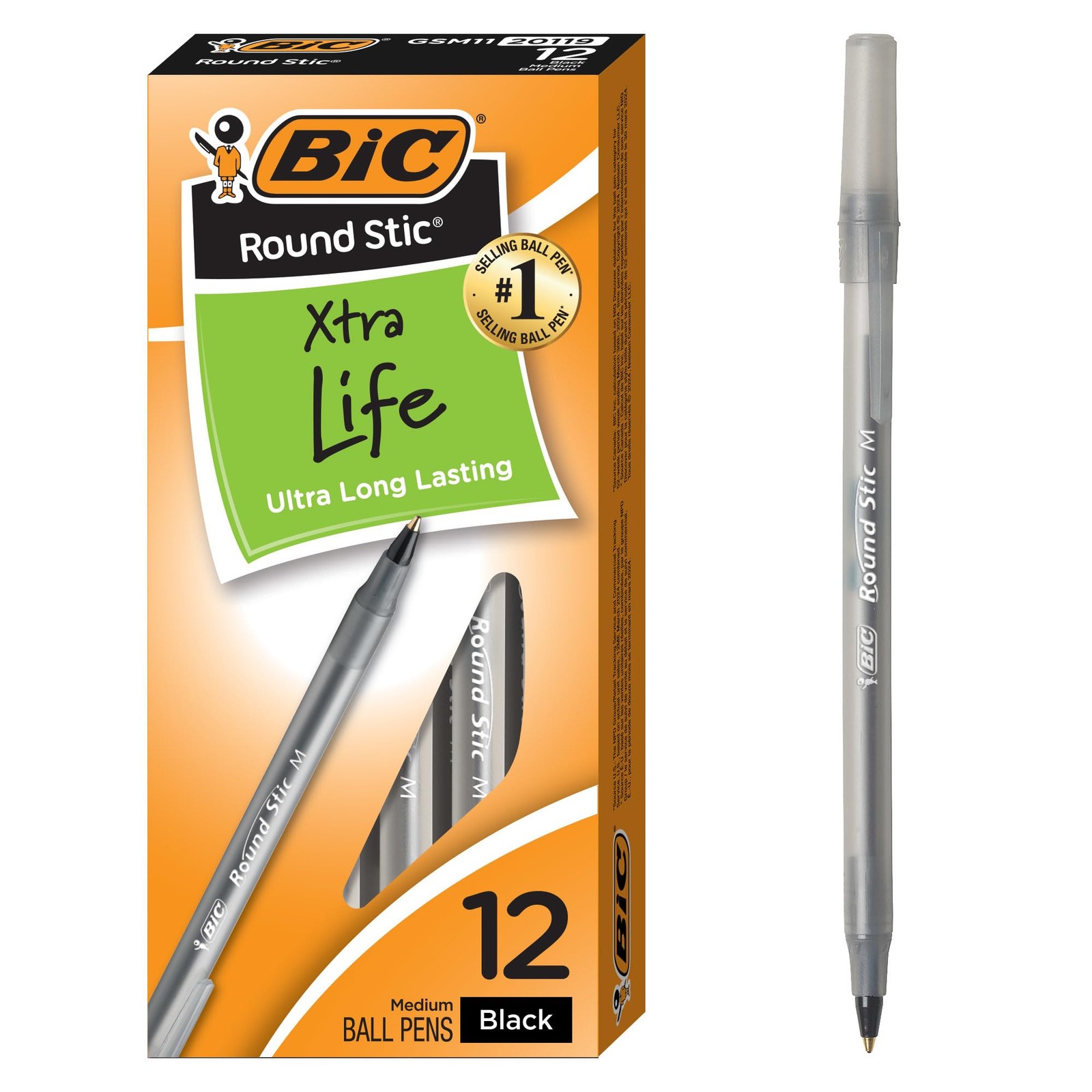 BIC Round Stic Xtra Life Black Ballpoint Pens, 12 Count (Pack of 1),