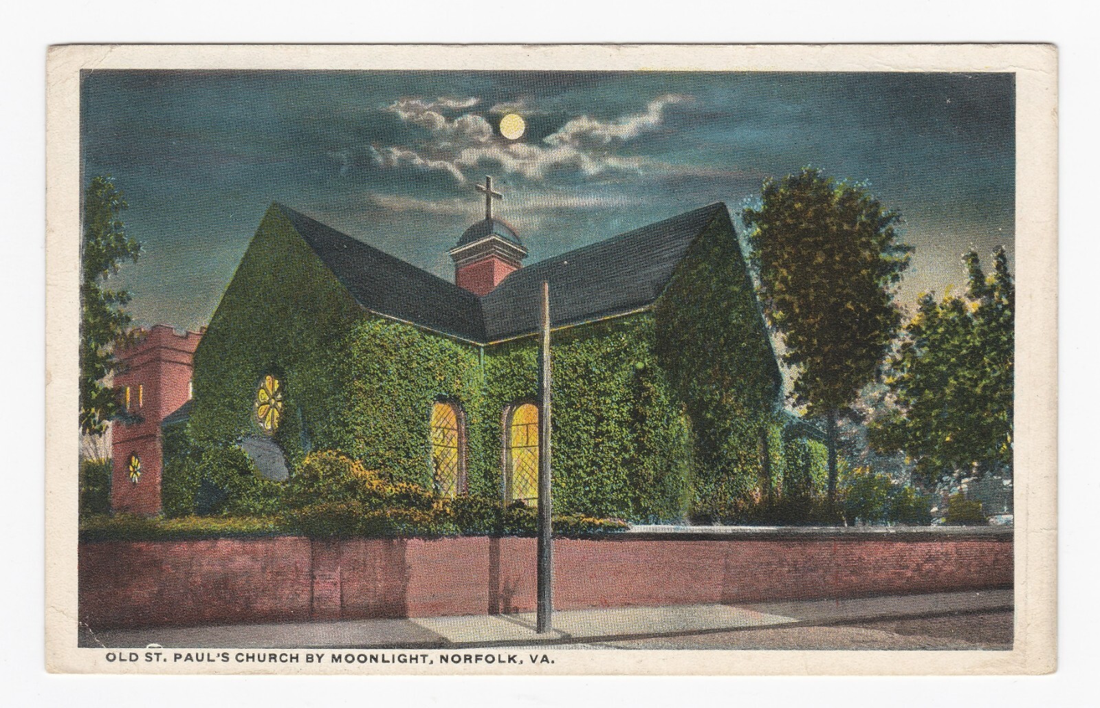 Old St. Pauls Church By Moonlight Norfolk VA White Border Postcard