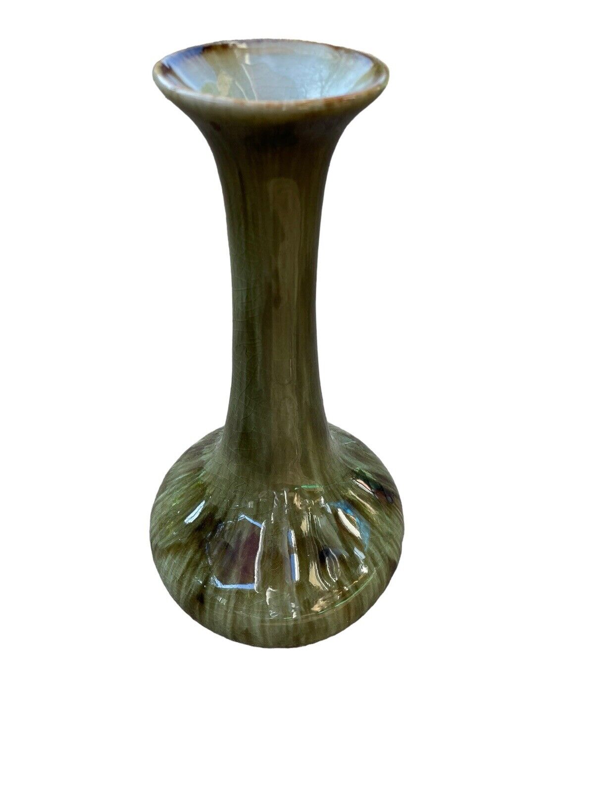 Vintage Hosley Pottery Vase Green Brown Glazed Ceramic 13\