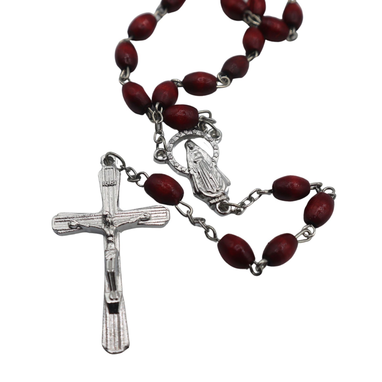 Catholic Burgundy/Brown Oval Wood Bead Rosary