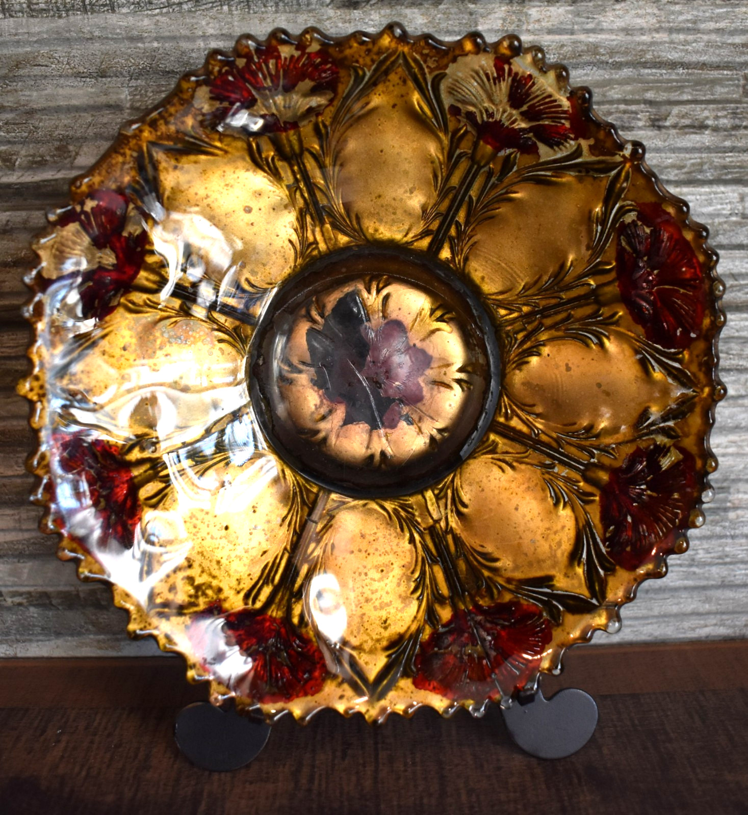 Antique Goofus Glass Gold Bowl w Red Carnations Scalloped Sides