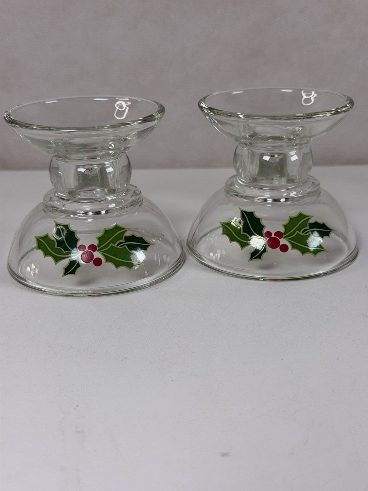 Vintage 1981 Avon Holiday Hostess Collection Glass Candle Holders Holly Set of 2