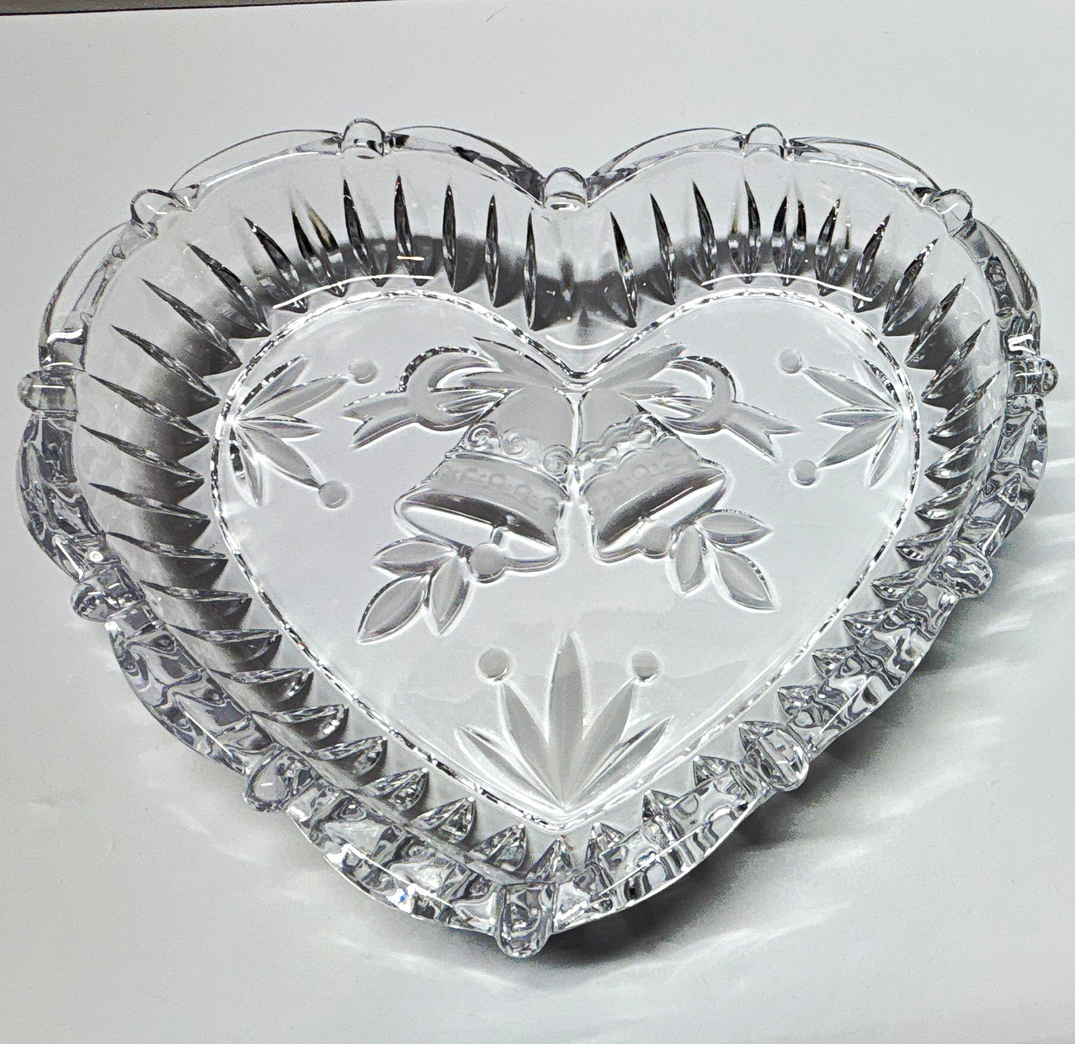 Vintage Studio Nova Mikasa Crystal Heart Shaped Dish, Frosted Embossed Bells