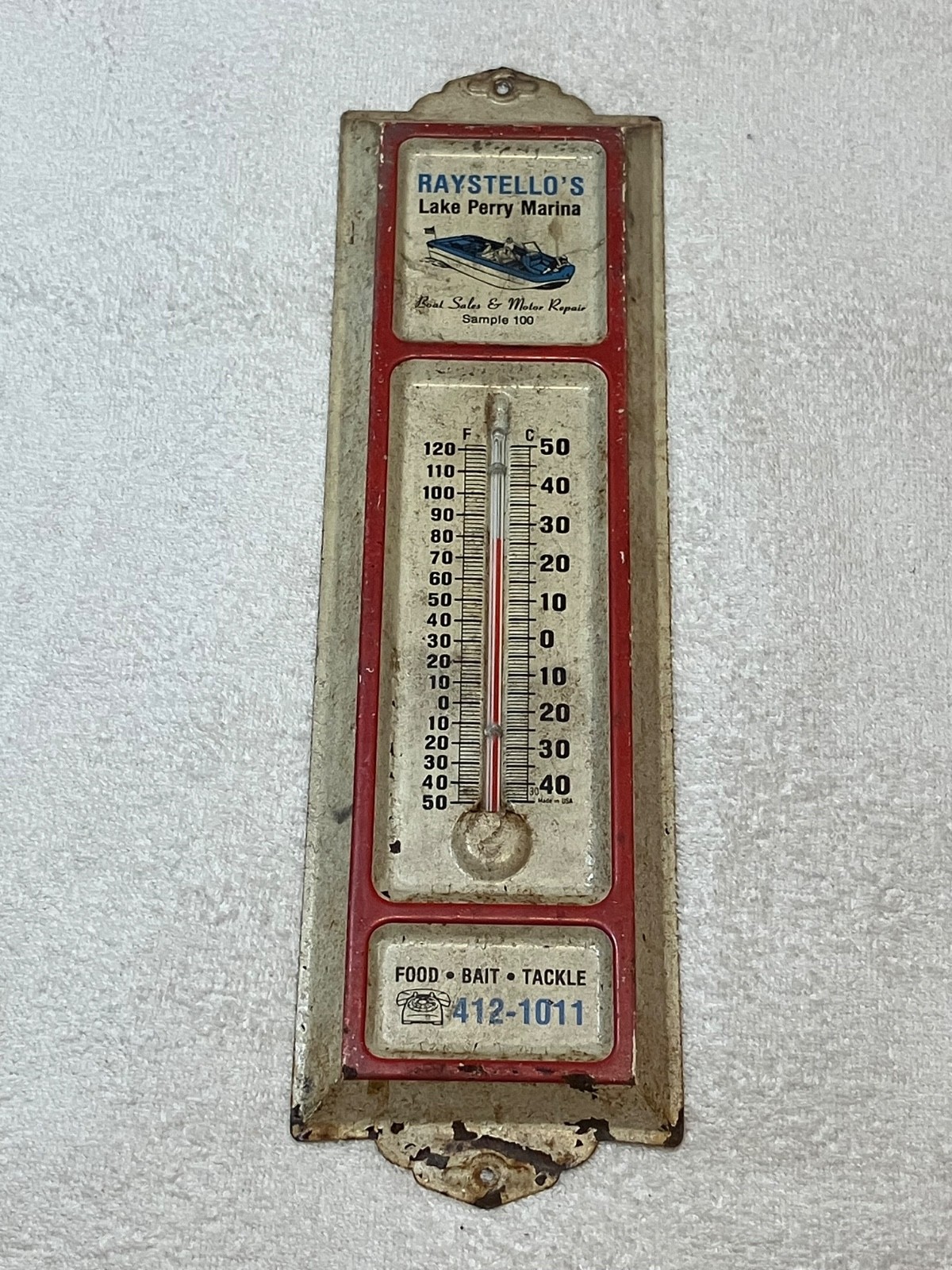 Vintage Original Raystello\'s Lake Perry Marina Thermometer  Metal Sign 13\