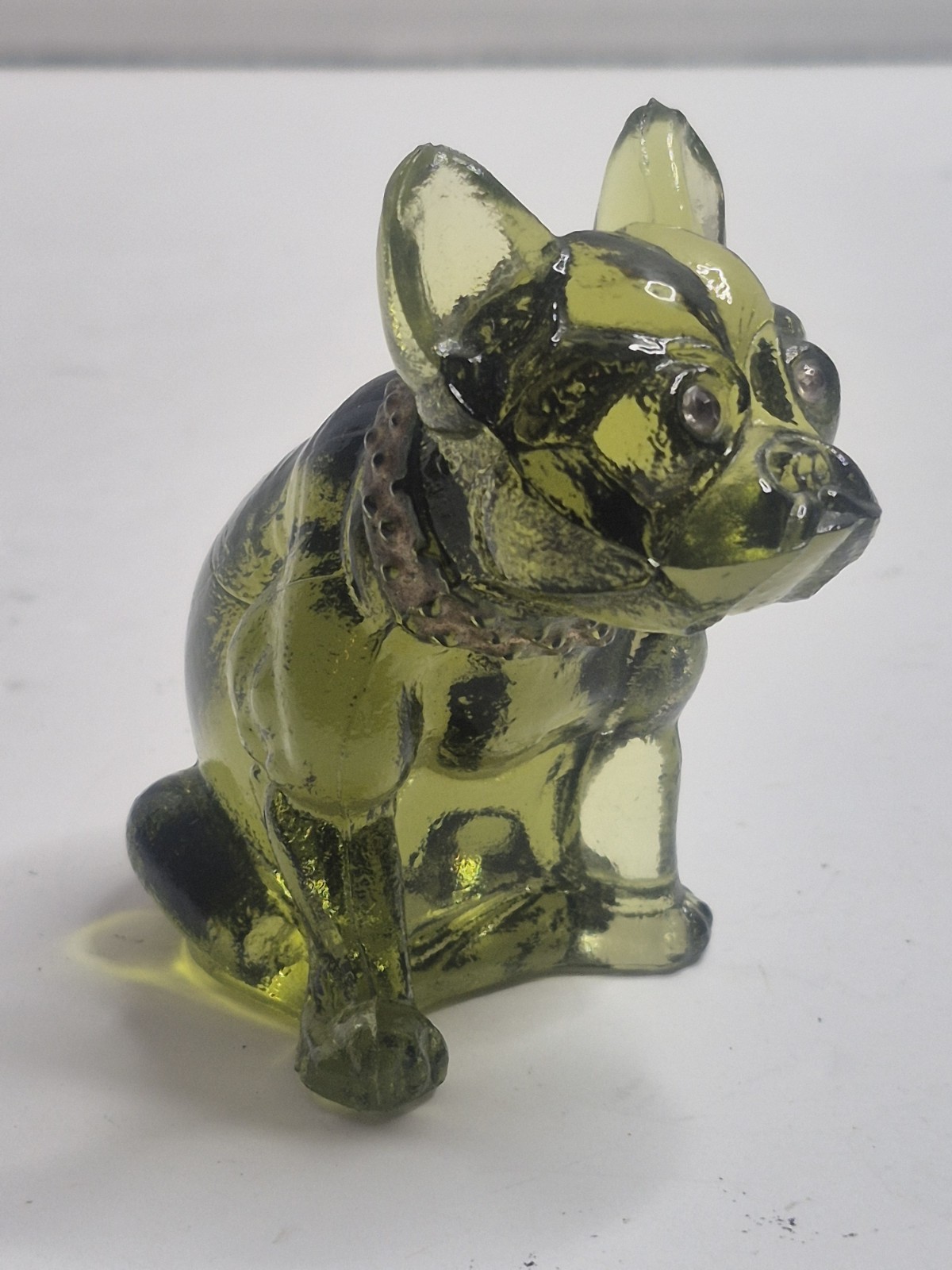 Westmoreland Handmade Olive Green VTG Glass French Bulldog Figurine Paperweight