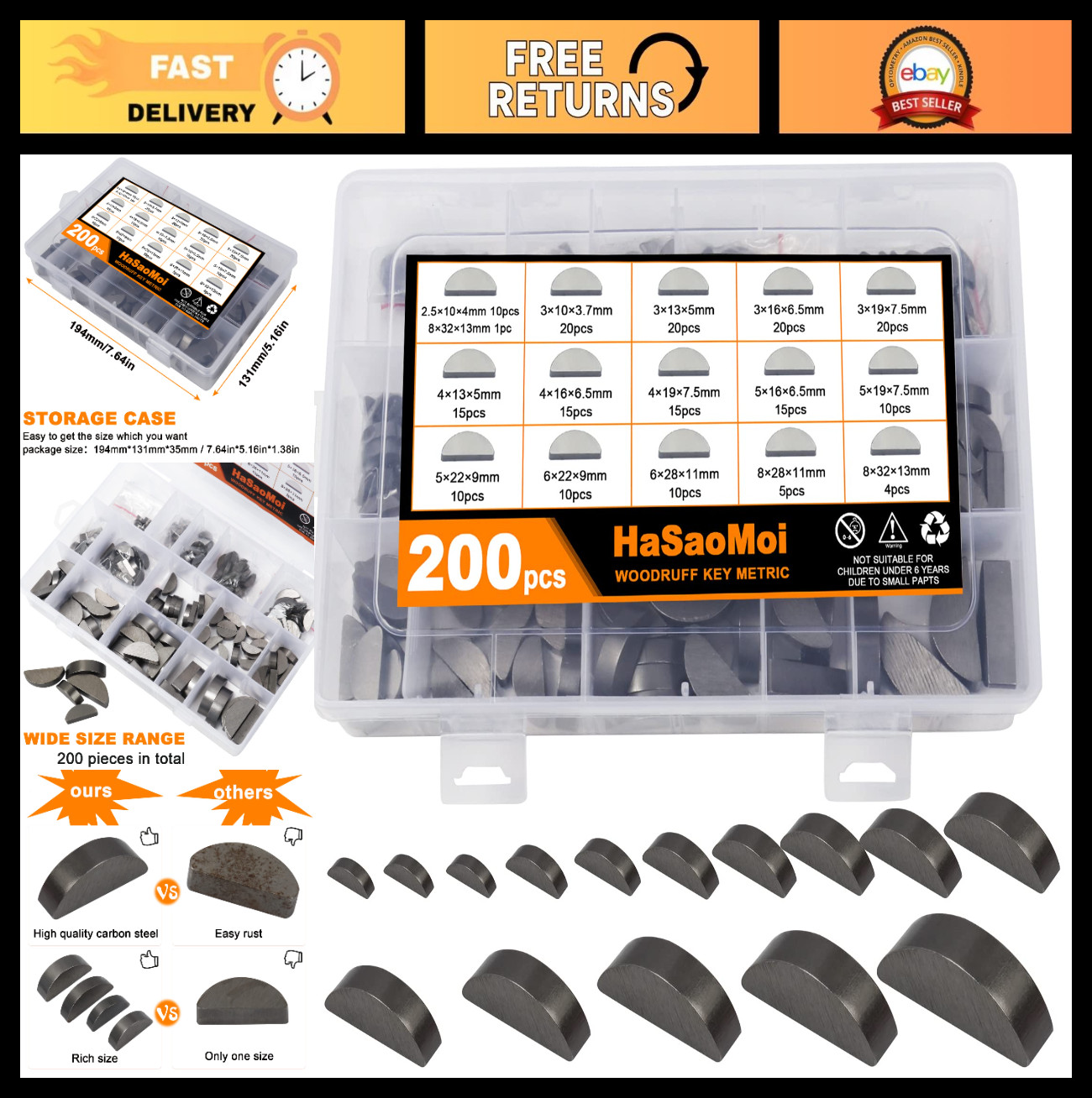 200PCS Metric Stainless Steel Half Moon Woodruff Key Set - 15 Sizes, Durable & V 200PCS Metric Stainless Steel Half Moon Woodruff Key Set - 15 Sizes, Durable & V