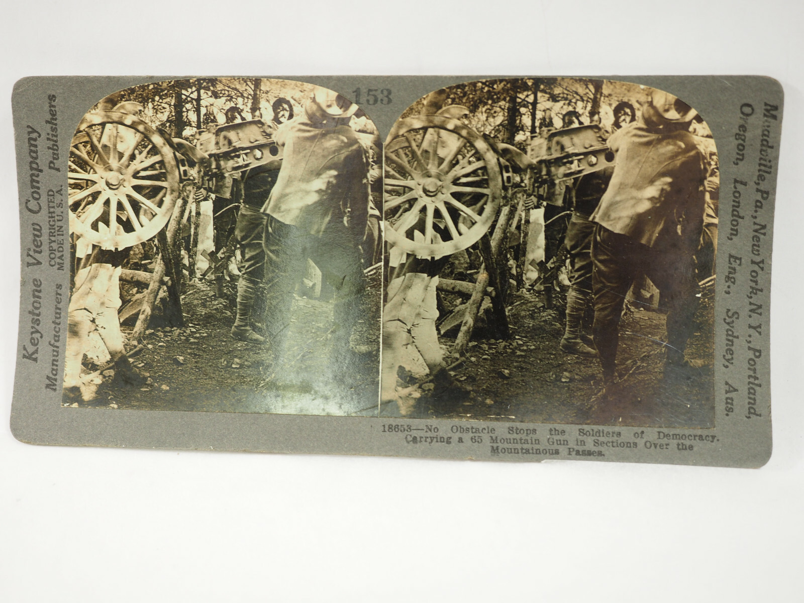 Antique Stereoview Card. Keystone. 18653 No Obstacle Stops the Soldiers