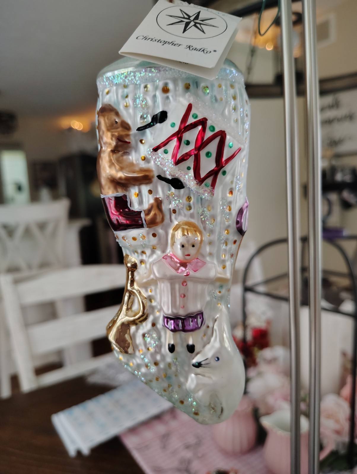 Vintage 1994 Radko Stocking Full of Presents Glass Ornament Teal 