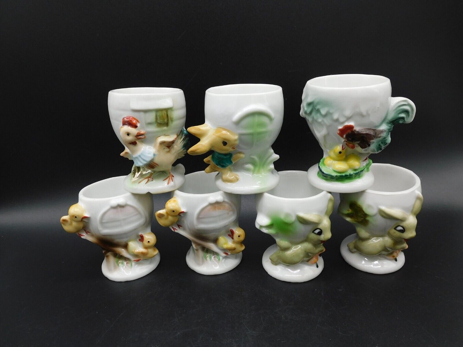 Set 7 Vintage Chicks Chickens Rabbits Egg Cups Hand Painted Japan