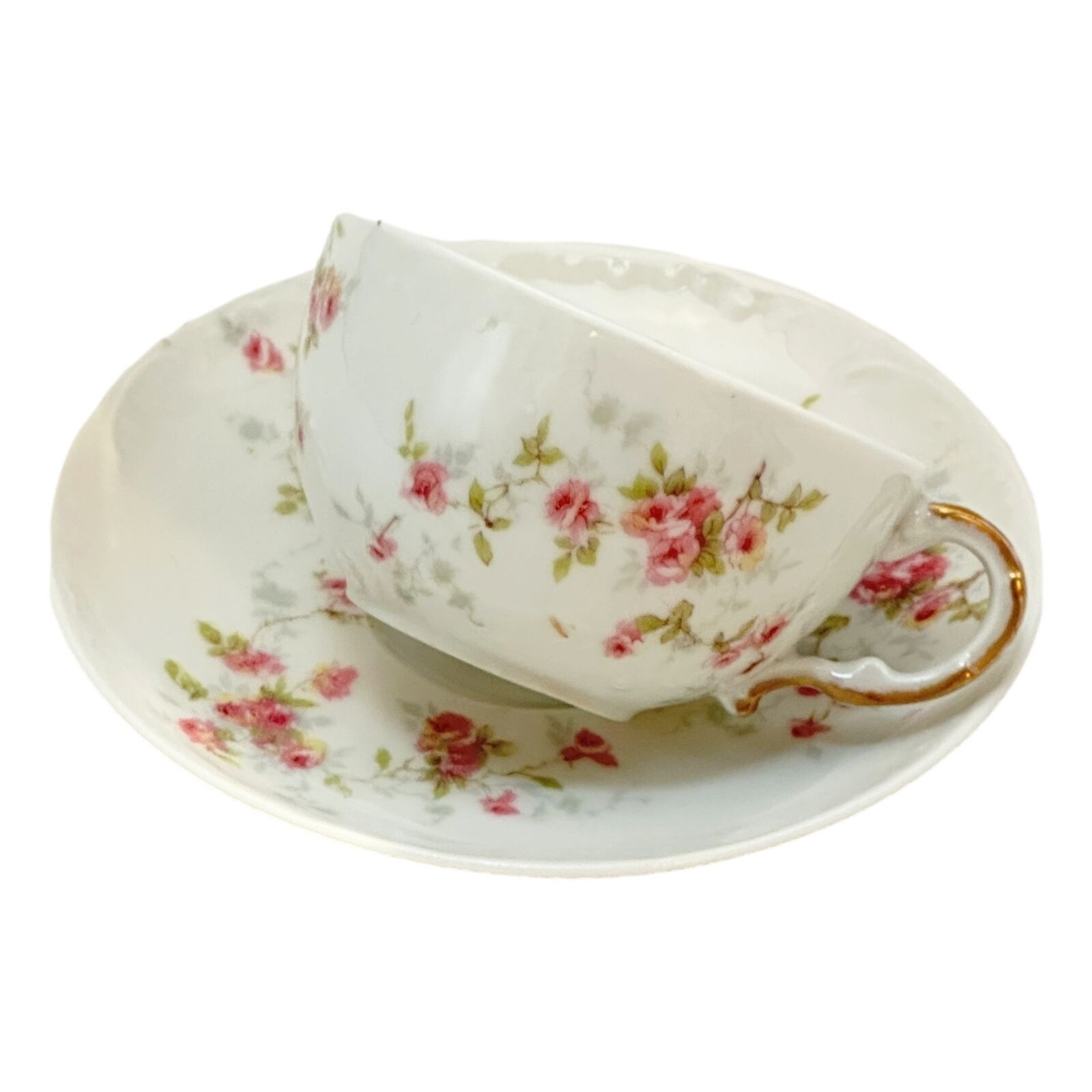 Limoges Tea Cup Saucer Theodore de Haviland Porcelain Pink Floral France Vintage