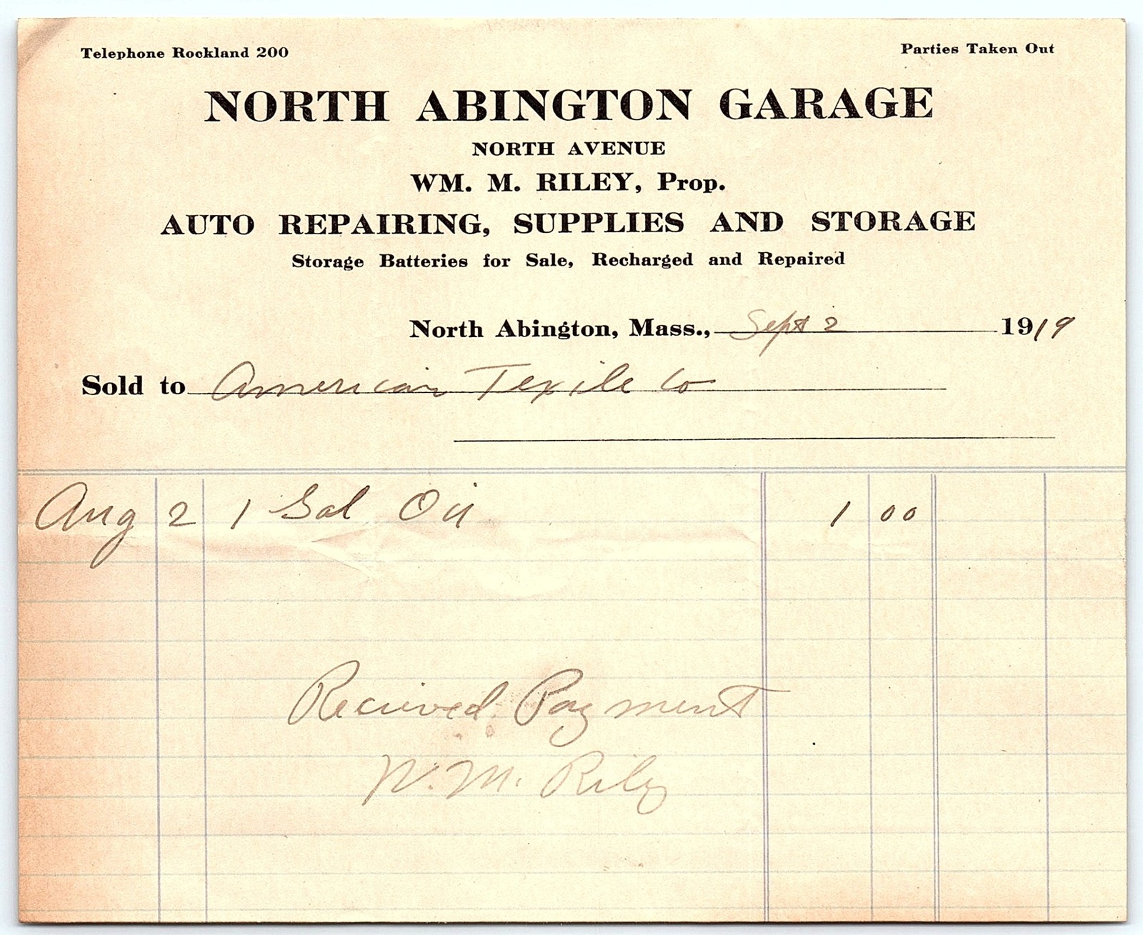 Vintage 1919 North Abington Garage billhead, American Textil