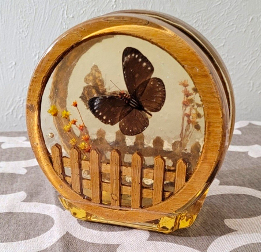 Lucite Glass 1970s Vintage Amber Round Butterfly Decorative Napkin Holder