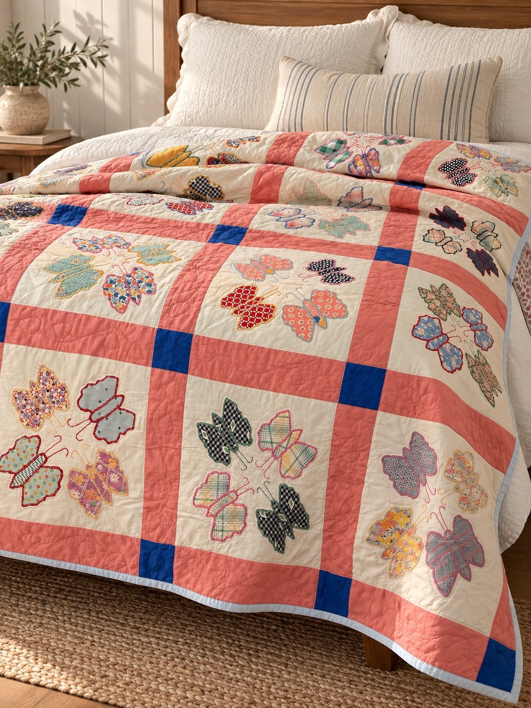 Vintage Queen 30's Butterfly Patchwork Antique Quilt, Solid Blue & Pink Accents Vintage Queen 30's Butterfly Patchwork Antique Quilt, Solid Blue & Pink Accents
