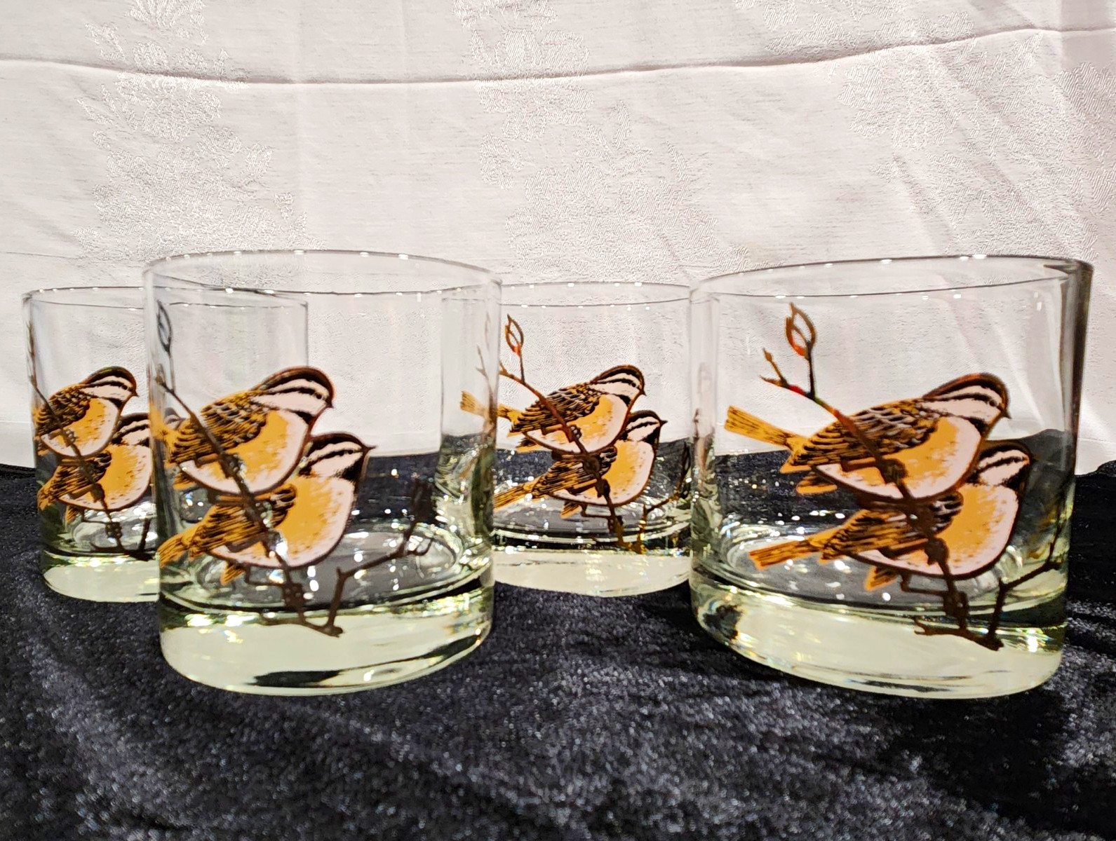 Vintage Couroc Chickadee Lowball Glasses Set of 4 Mid Century Gold Rocks, Signed