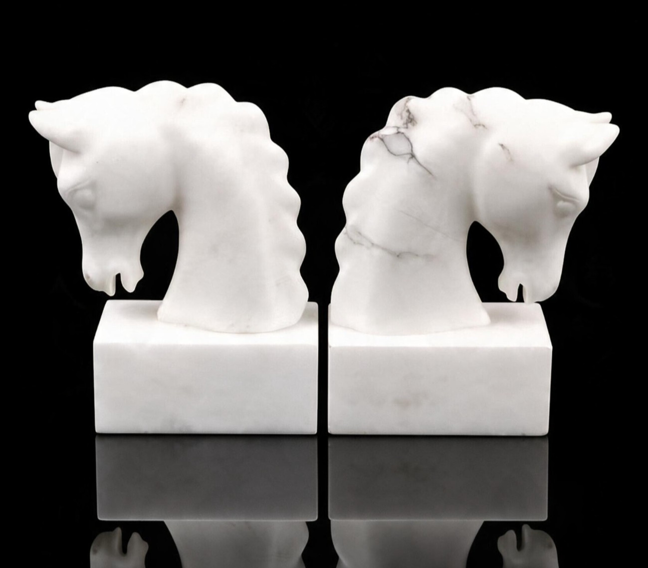 Vintage Italian Carved Alabaster Horse Head Bookends Pair Equestrian Decor