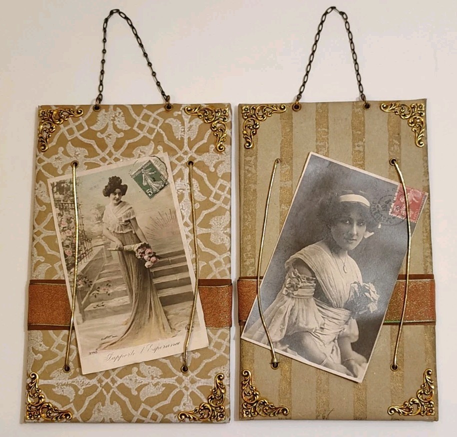 Pair Handmade Victorian Style Postcard Photo Holders Gilt Wall Hanging Decor