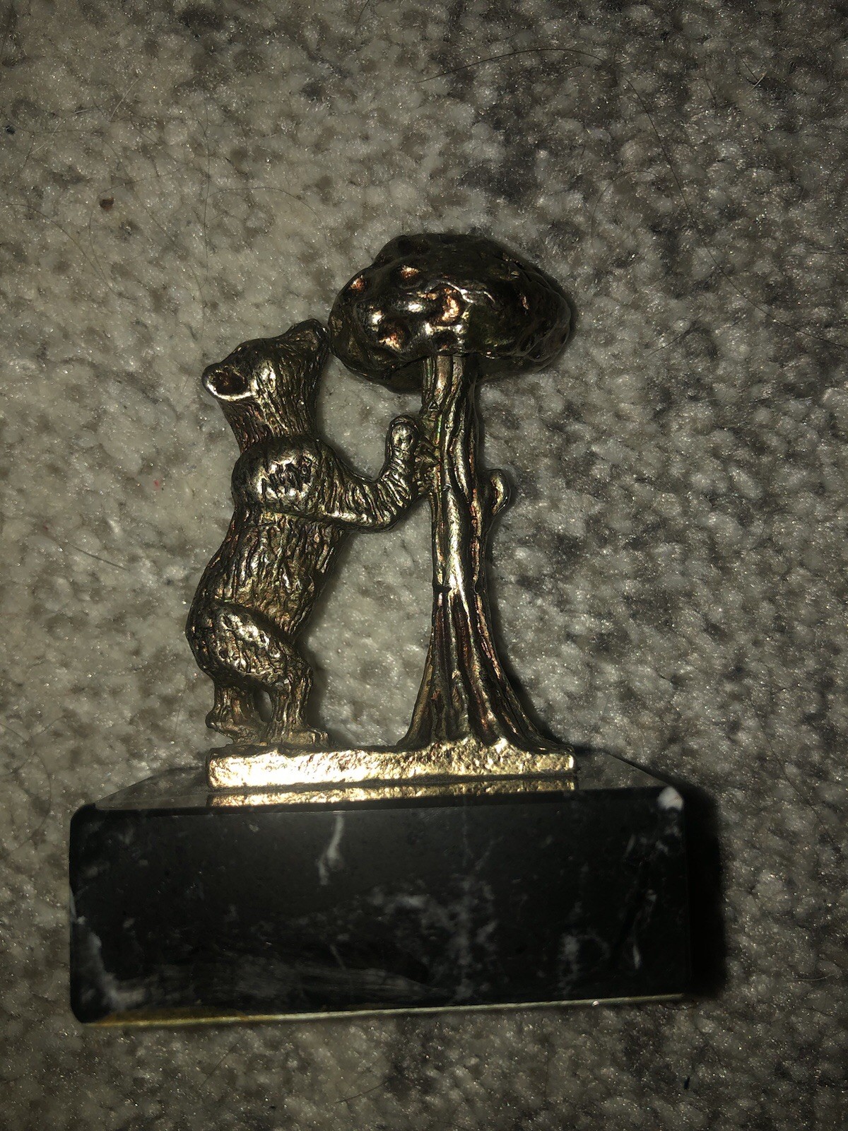 Vintage Brass Bronze Bear Tree Figurine on Granite Base 3.5” Wildlife Statue