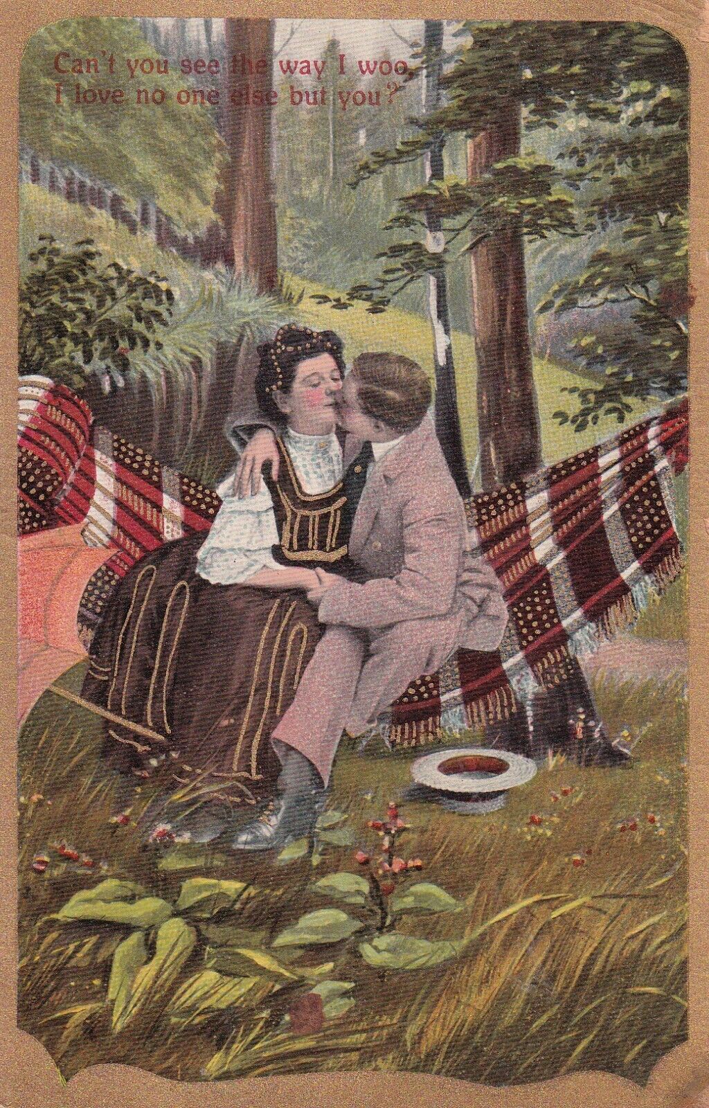Vintage I Love No One But You Early 1900s Postcard Man & Woman Kissing Hammock
