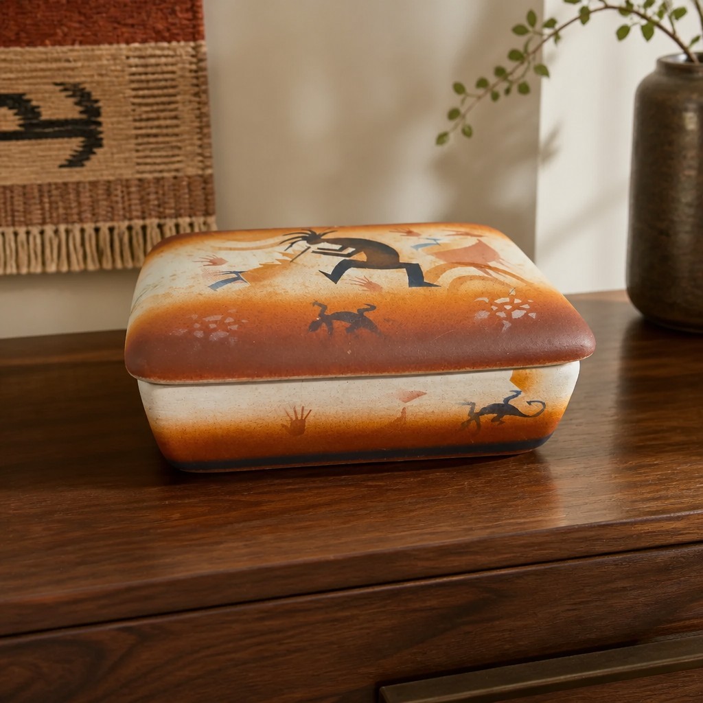 Vintage R.W. Adamson America Wild Pottery Trinket Box Kokopelli Signed w/ Tag