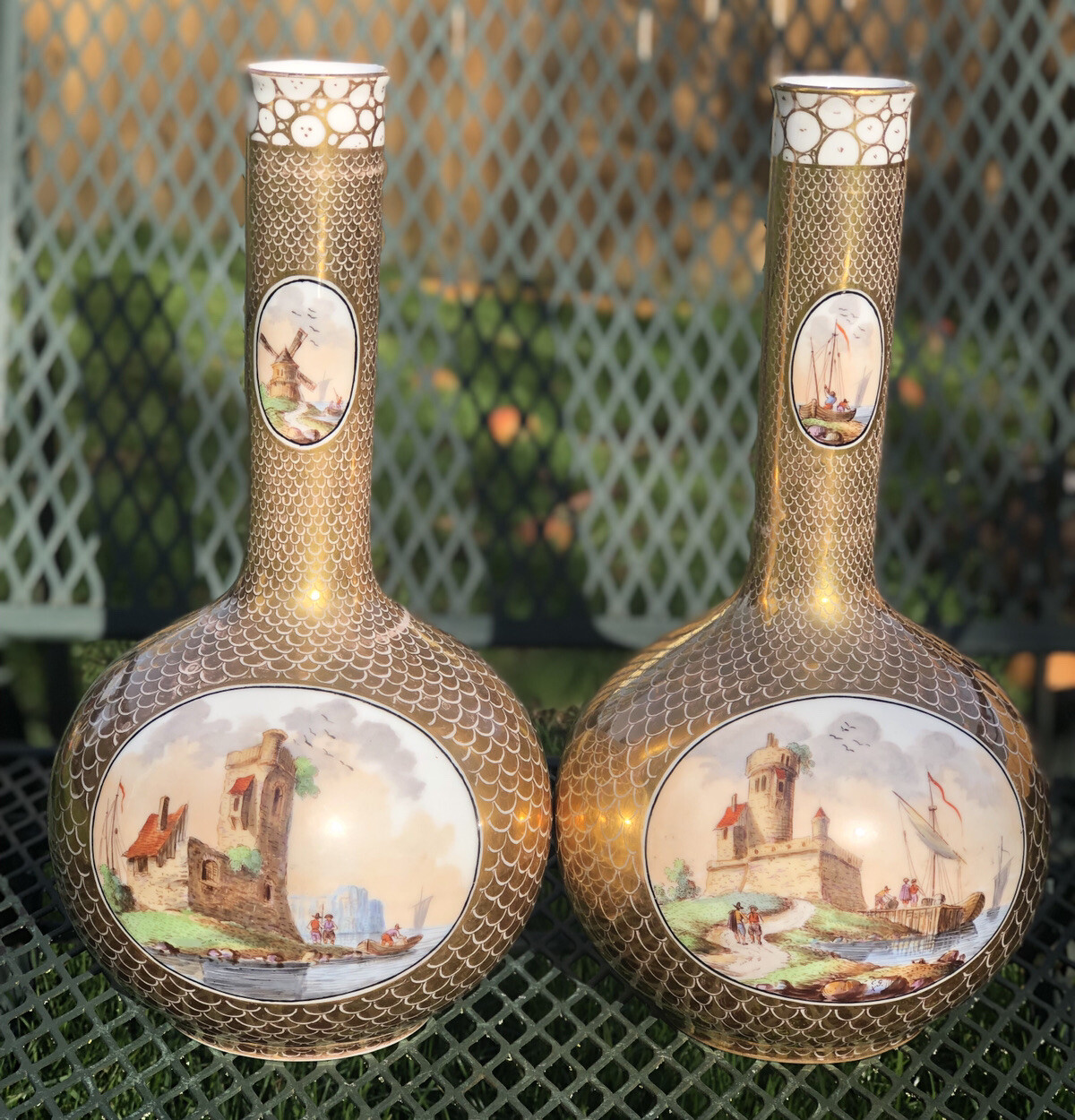 TWO ANTIQUE DRESDEN PORCELAIN VASES HAND PAINTED 24 K GERMAN RARE FINE 19c