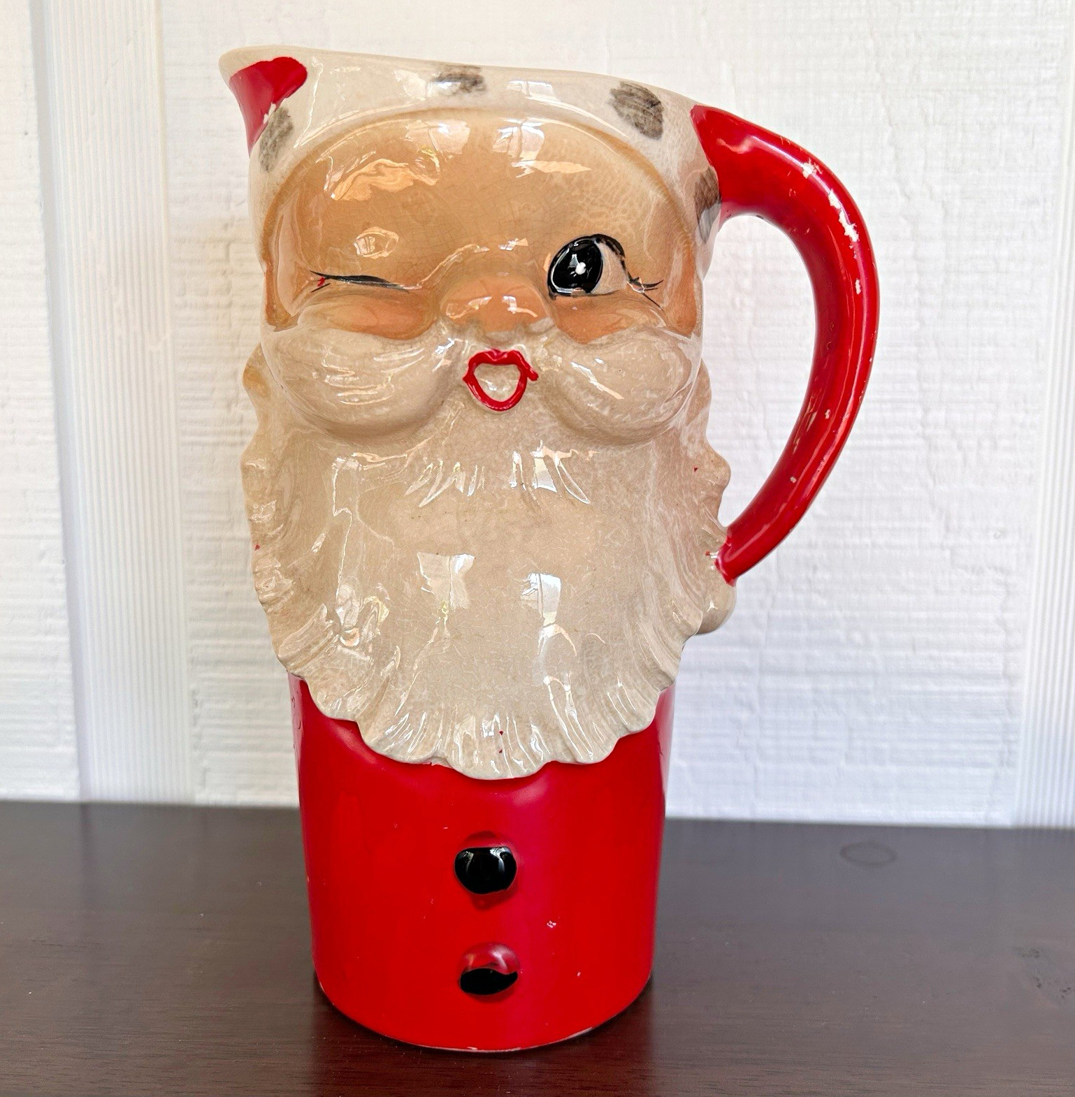 Vintage Santa Pitcher Winking Japan Stamped Stained Crazed Paint Loss Rare 