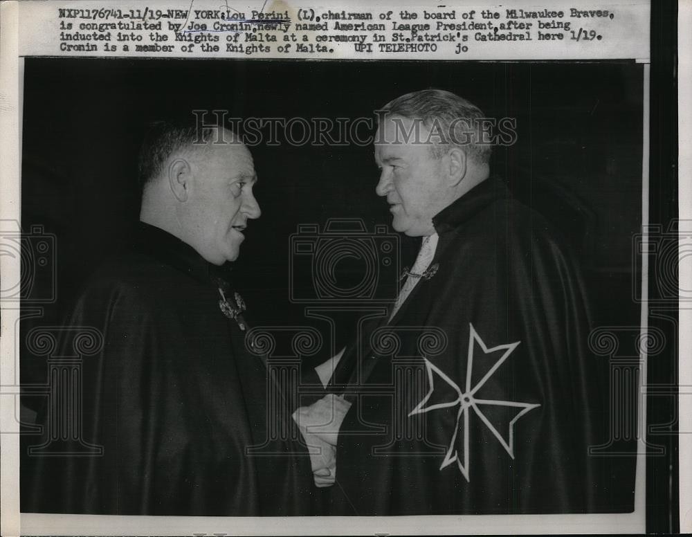 1958 Press Photo Lou Perini chair of Milwaukee Braves & Joe Cronin AL President 1958 Press Photo Lou Perini chair of Milwaukee Braves & Joe Cronin AL President