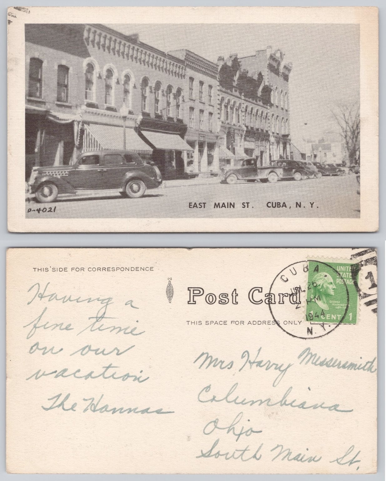 Cuba NY East Main Street Vintage Cars Postcard 1944 Postmark New York