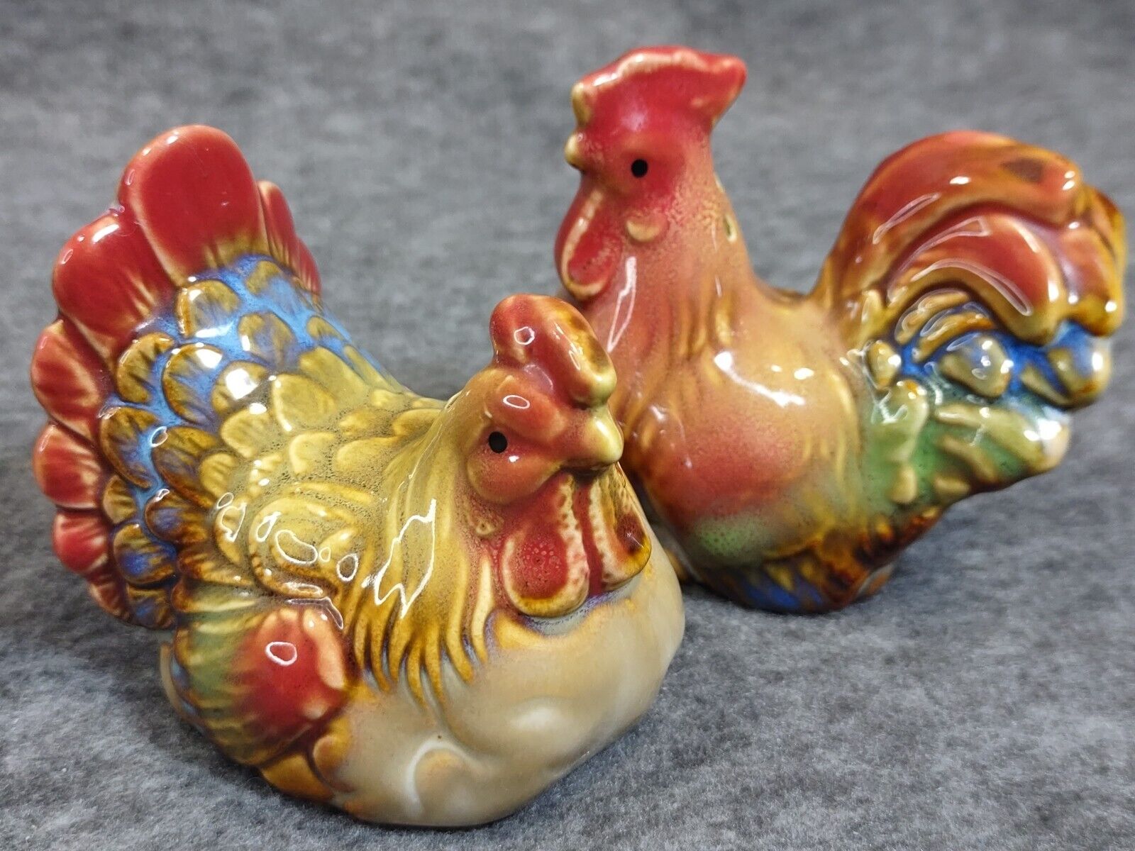 Vintage Rooster and Hen Salt & Pepper Shakers Chickens Fall Multicolor Stoppers