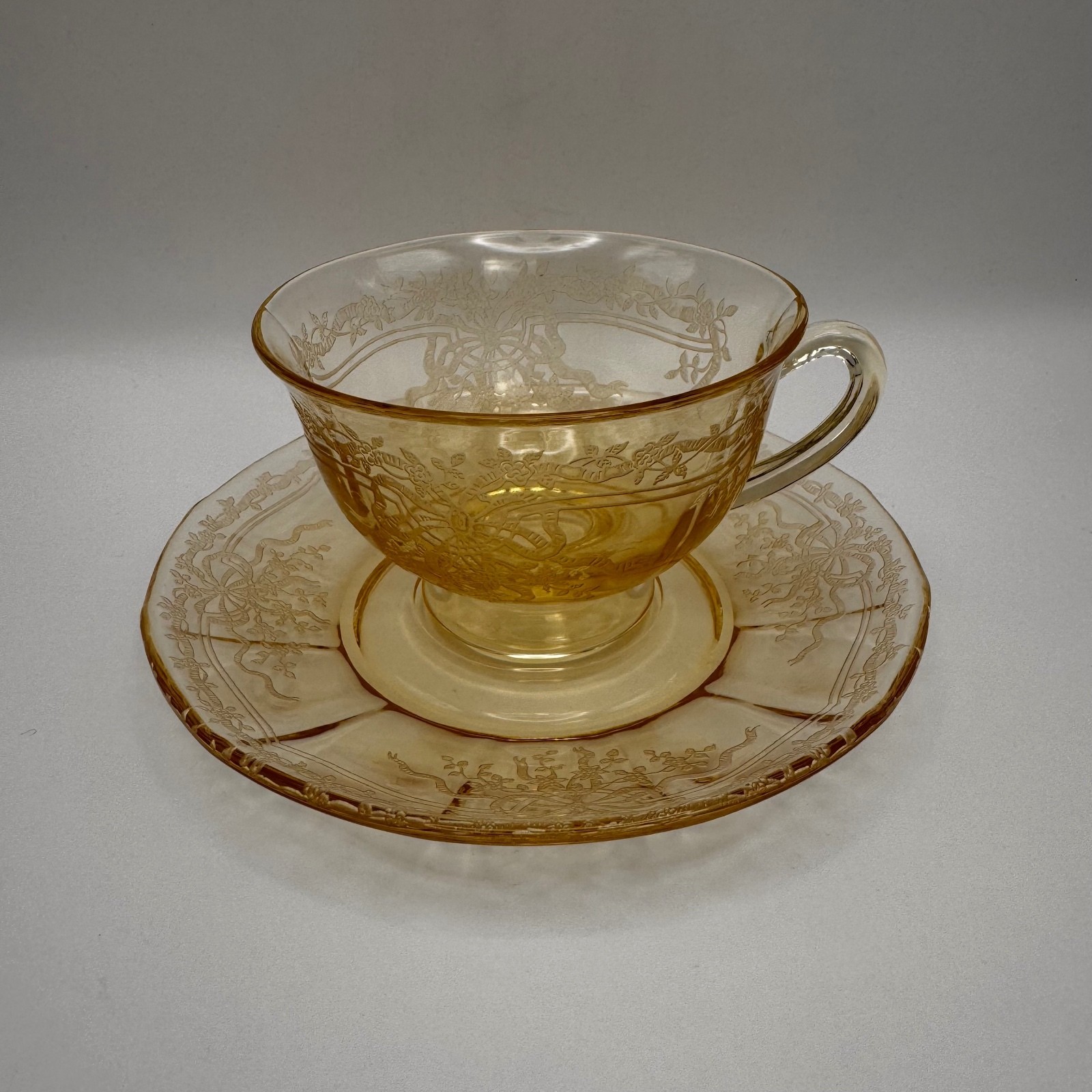 Fostoria June Topaz Depression Glass Cup & Saucer Etched Floral Ribbon Vintage Fostoria June Topaz Depression Glass Cup & Saucer Etched Floral Ribbon Vintage
