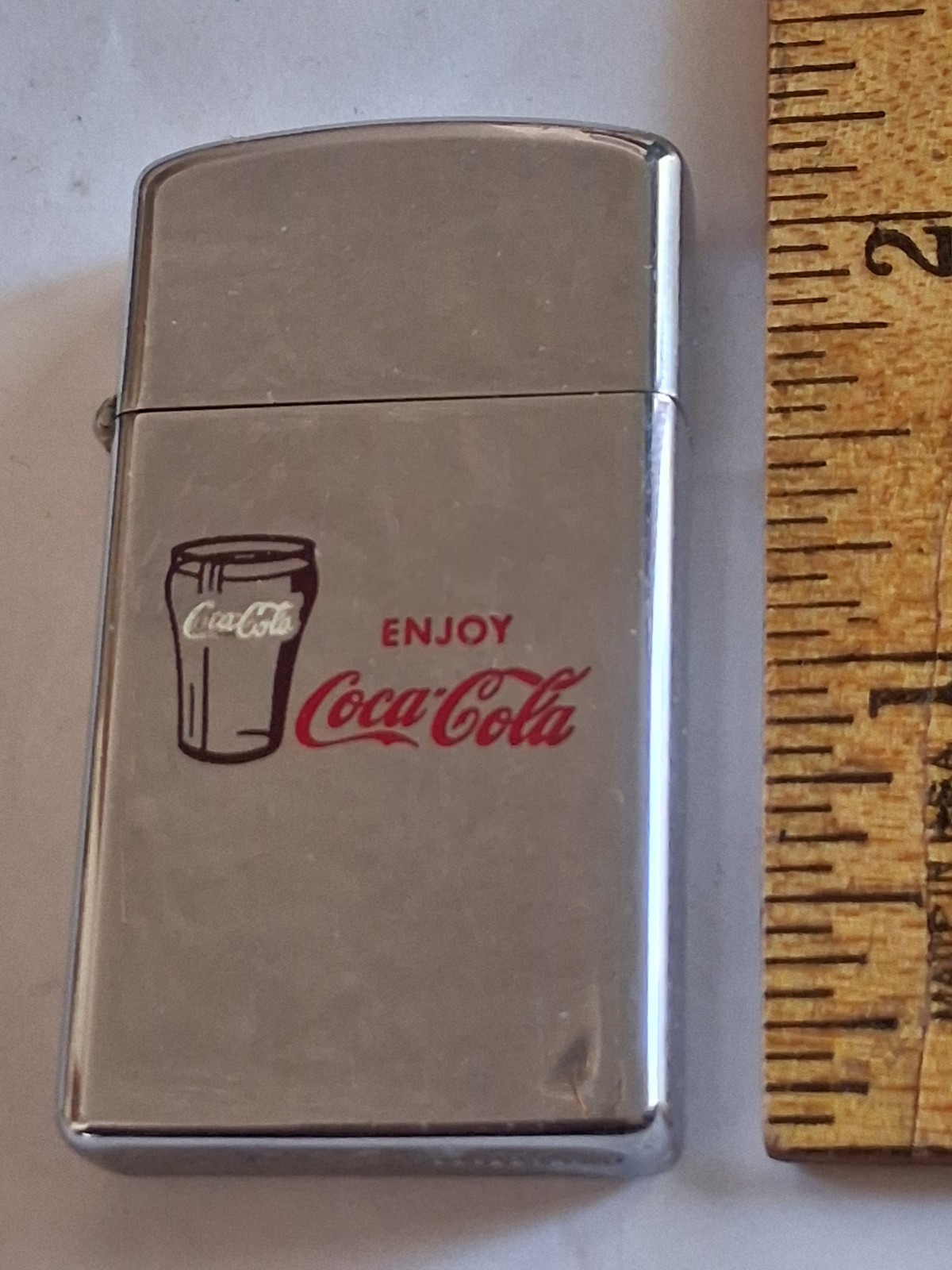 VINTAGE 1976 ZIPPO ADVERTIZING ENJOY COCA-COLA LOGO SLIM LINE LIGHTER RARE