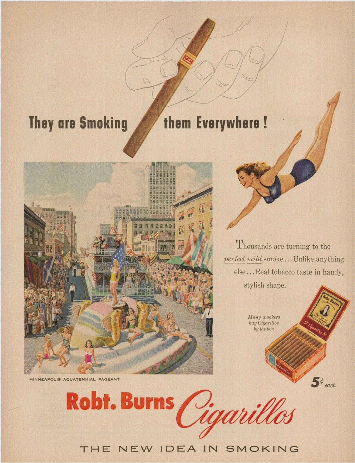 1950 Robt. Burns Cigarillos Cigarillo Box Aquatennial Pageant Print Ad