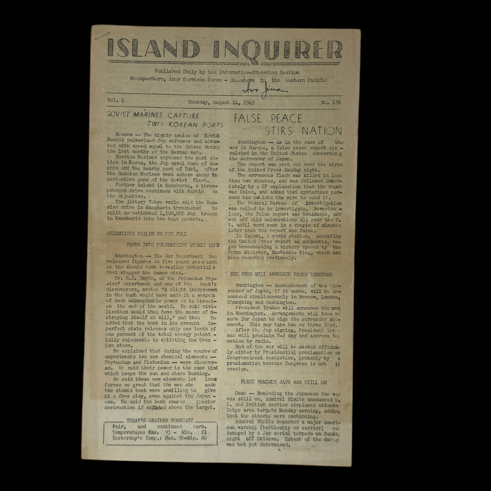 WWII August 1945 Iwo Jima Battlefield-Printed Report Atomic Bomb Japan Surrender