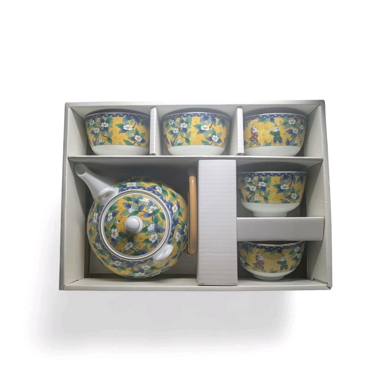 Japanese Kutani Porcelain Tea Set Yellow Ground Karako Children Camellia 