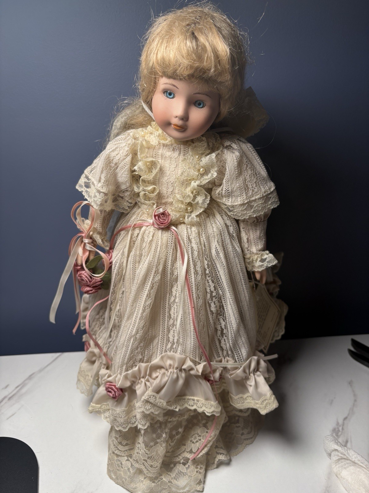 Vintage Dynasty Doll Collection Bride Porcelain Doll with Stand