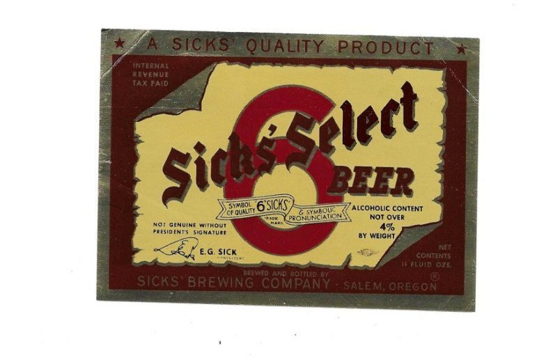 Vintage Sick\'s Select Beer Label Sick\'s Brewing Salem OR IRTP Unused