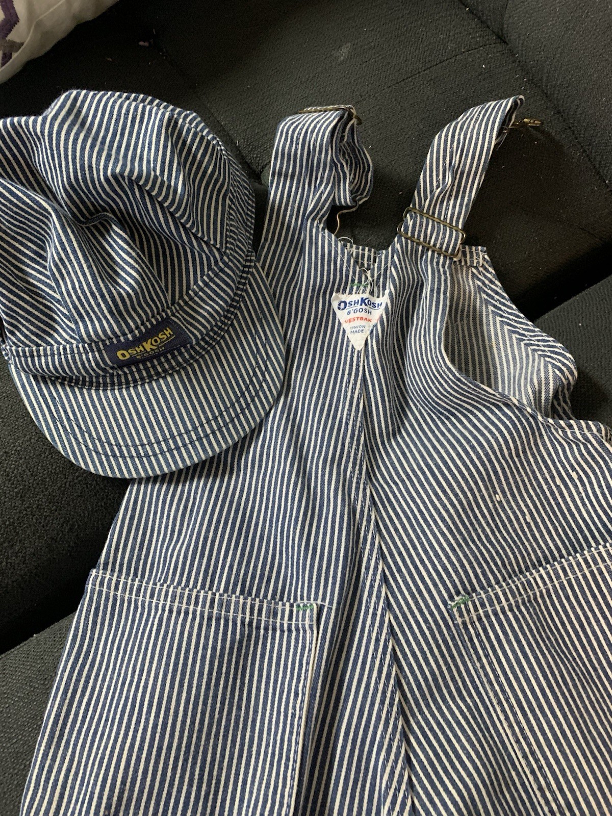 Vintage Osh Kosh B’Gosh Hickory Stripe Train Conductor Hat Cap And Overalls Bib 