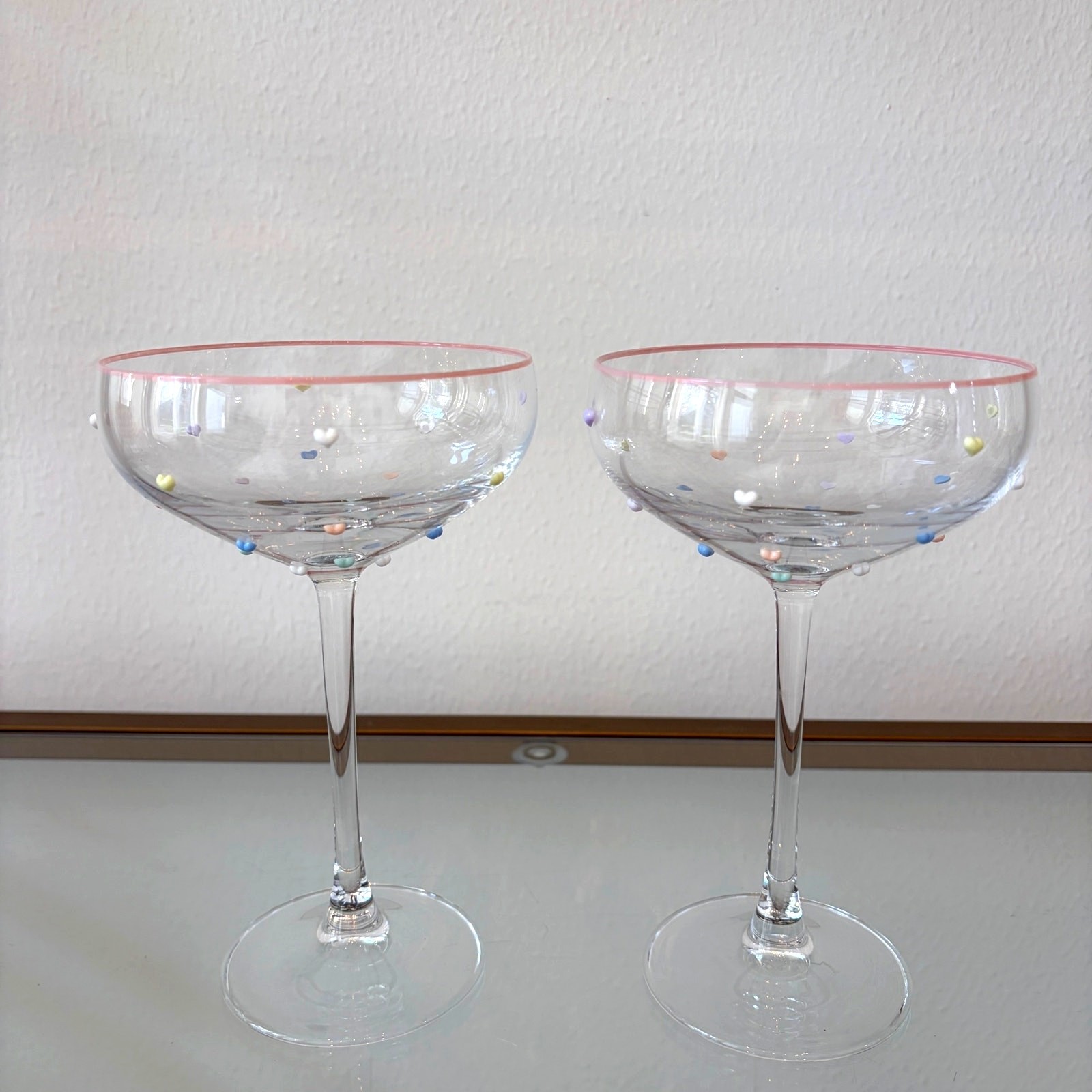 Set of 2 Pastel Hearts Embossed Coupe Glasses Chic Valentine Barware XO New