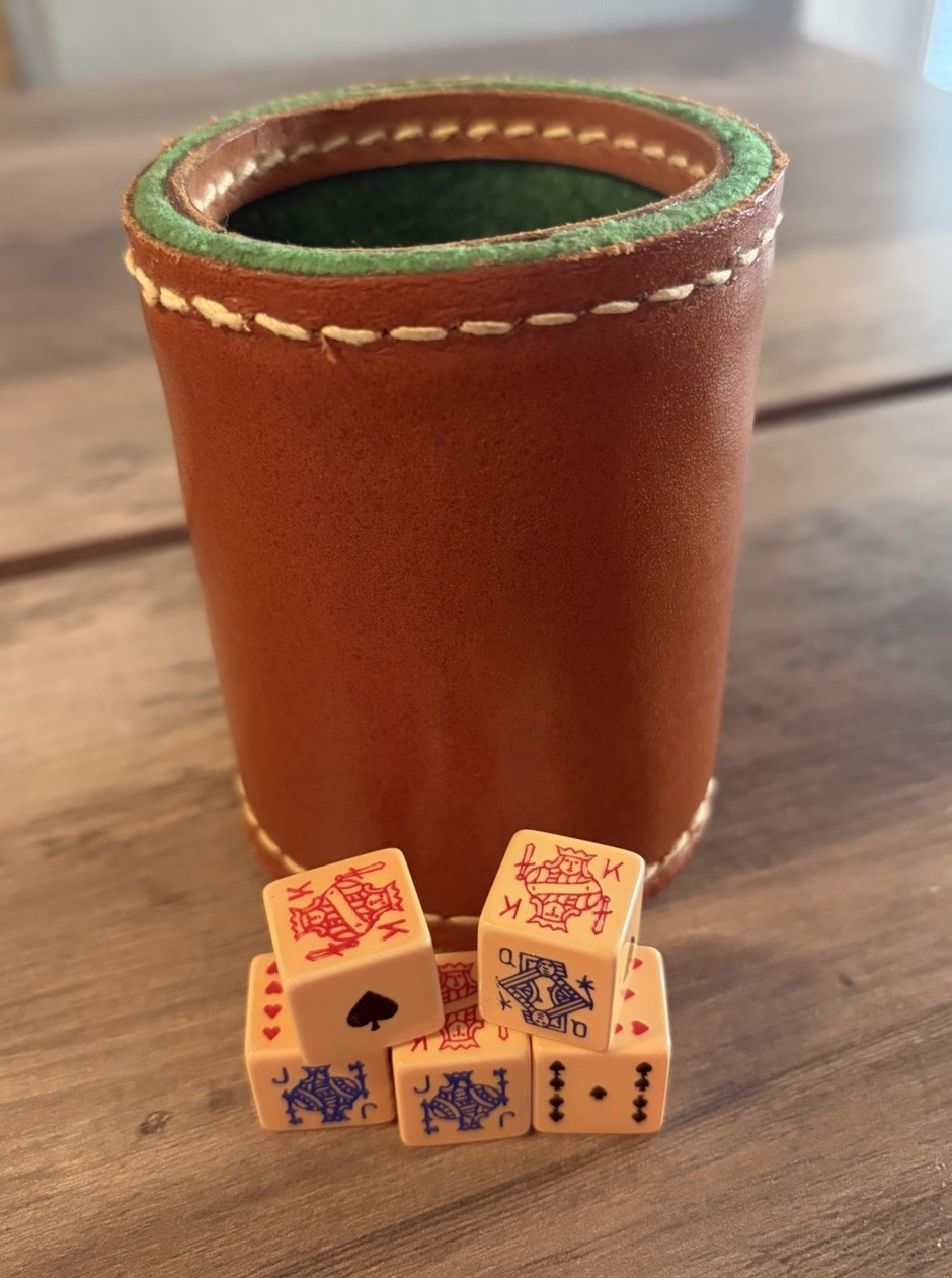 Vintage Stitched Leather Bar Dice Cup Green Felt  4” High w Butterscotch Dice