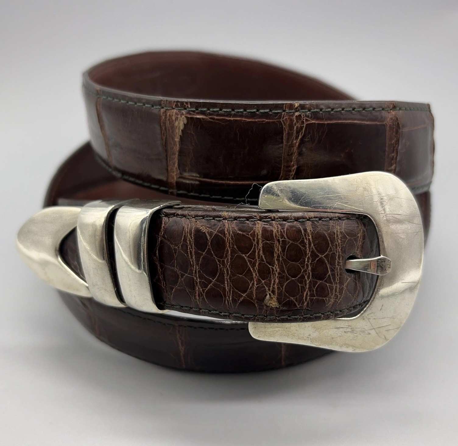 Calvin Begay Dine’ Navajo Sterling Silver Belt Buckle W/ Orvis Alligator Belt 46
